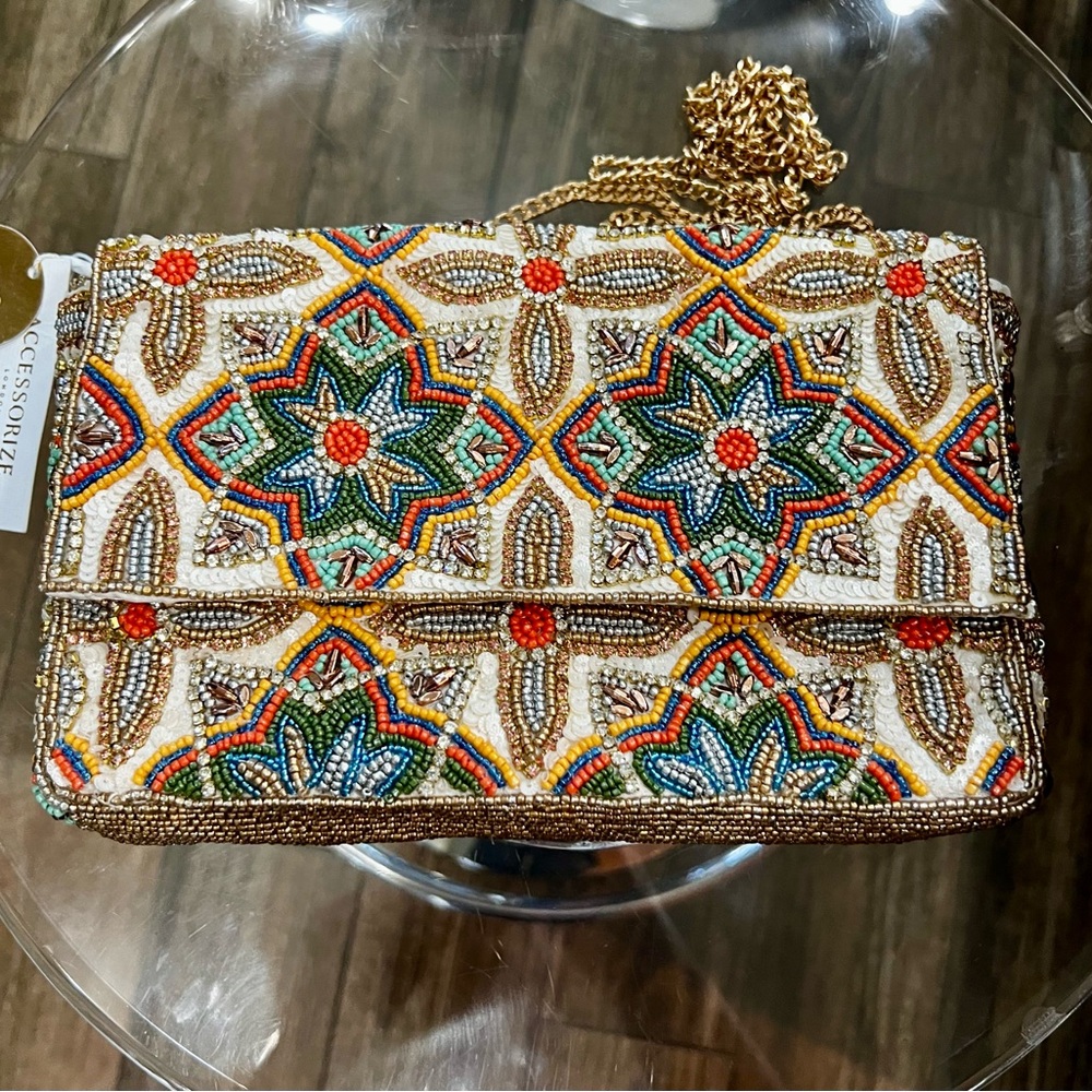 Accessorize Gold, Green, Blue & Orange Clutch Purse with Geometric Floral Design